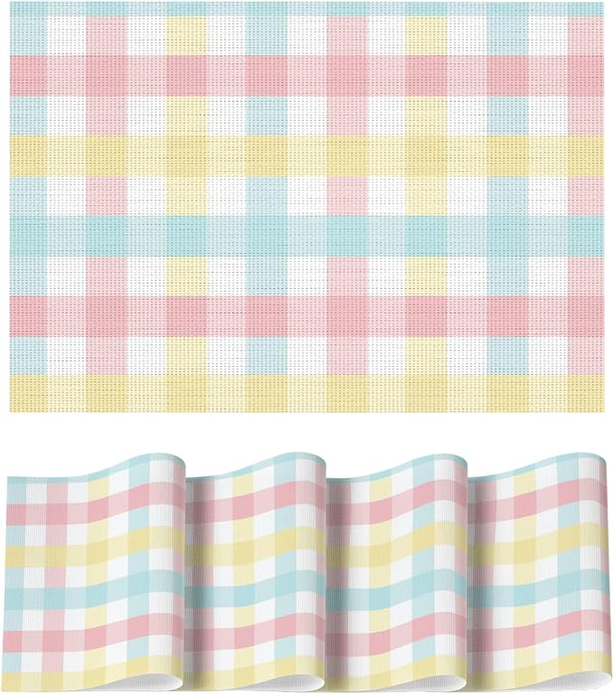 Artoid Mode Buffalo Plaid Vinyl Easter Placemats Set of 4, 12x18 Inch Washable Non-Slip Heat Resistant Plastic Place Mats for Party Dining Table, Pink/Blue