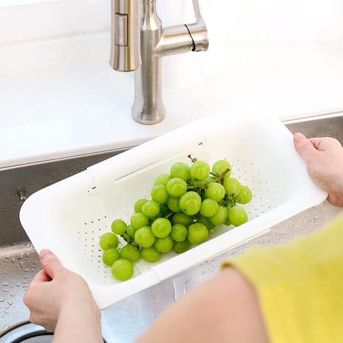 Blue Ginkgo Over Sink Colander, Extendable Kitchen Strainer, 2-Pack, White | Fits Most Sinks. Rinse, Drain and Dry with Ease.