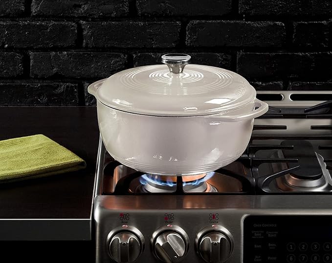 Lodge 3 Quart Enameled Cast Iron Dutch Oven with Lid – Dual Handles – Oven Safe up to 500° F or on Stovetop - Use to Marinate, Cook, Bake, Refrigerate and Serve – Oyster White