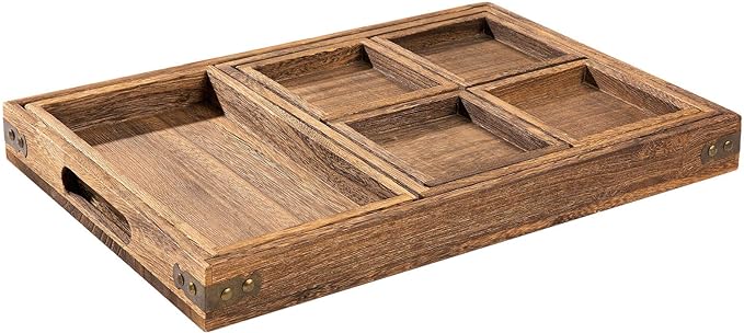 Rustic Wooden Serving Trays with Handle - Set of 7 Rectangular Platters for Entertaining, Breakfast, Coffee Table, Home Decor | 4 Sizes Tray-Snacks to Entrees,Decorative Serving Platter for Breakfast Bed,Lunch,Ottoman,Coffee Table,BBQ-Great for Lap&Sofa