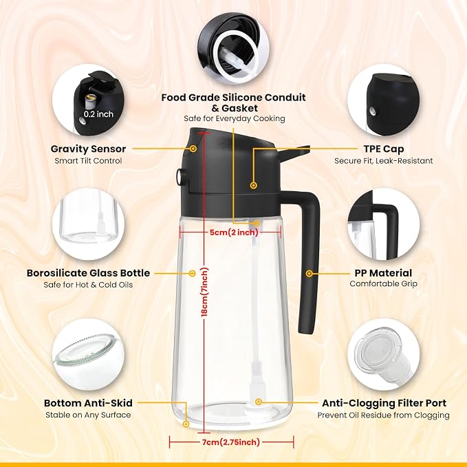Himal's 16oz/ 470 ml Glass Olive Oil Dispenser and Sprayer Bottle,2 in1 Cooking Oil Spray Container for Kitchen