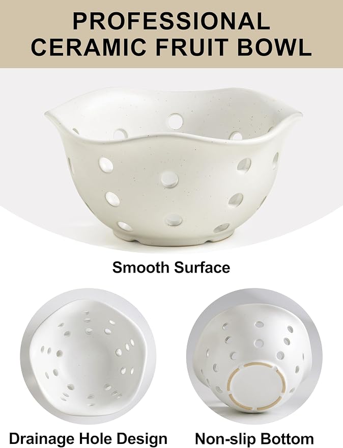 Gomakren Fruit Basket Set of 2, Ceramic Fruit Bowl Berry Basket with Holes, 7.6 Inch Fruit Containers Colander for Fridge - Farmhouse Kitchen Decor, Cream White