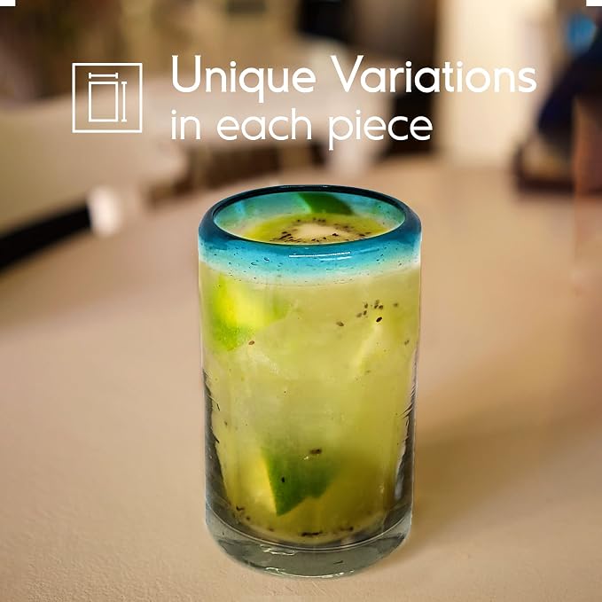 Aqua Blue Rim 9 oz Juice Glasses (set of 6) Mexican Handmade Glassware, Recycled Glass, Lead-free, Toxin-Free (Juice)