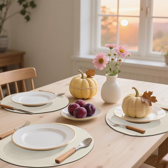 Cotton Linen 15 Inch Round Cloth Place mats, Set of 6, Cream | Washable Table Mats, Heat Resistant, Reversible, Wipeable Place Mats for Indoor Outdoor
