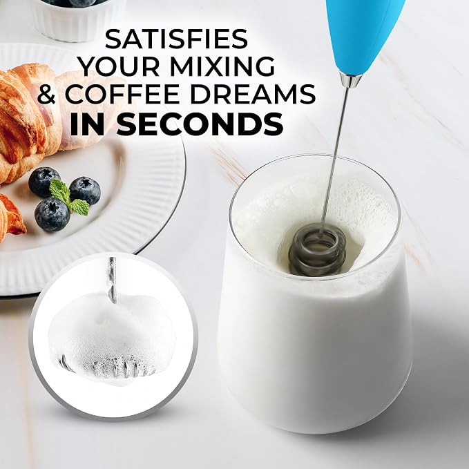Zulay Kitchen Powerful Milk Frother Wand With Duracell Batteries - Ultra Fast Handheld Drink Mixer - Electric Whisk Foam Maker for Coffee, Lattes, Cappuccino & Matcha - Triple Whisk - Pacific Blue