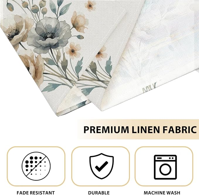 Neutral Poppy Floral Spring Placemats Set of 4, Boho Minimalist Decor | Wipeable Washable Non-Slip Heat Resistant Linen Fabric Rectangle Table Mats, for Indoor Outdoor Party Kitchen Dining