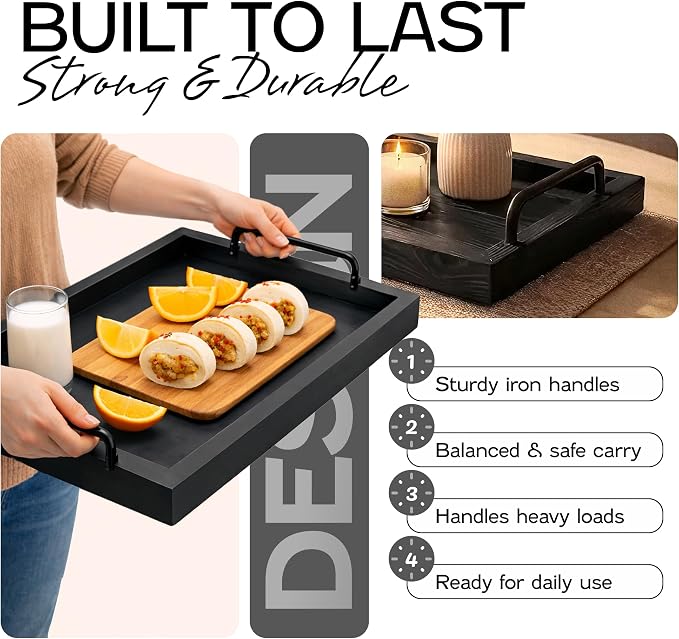 Besti Rustic Vintage Food Serving Trays (Set of 2) | Nesting Wooden Board with Metal Handles | Stylish Farmhouse Decor Serving Platters | Large: 15 x2 x11” - Small: 13 x2 x9” (Black)