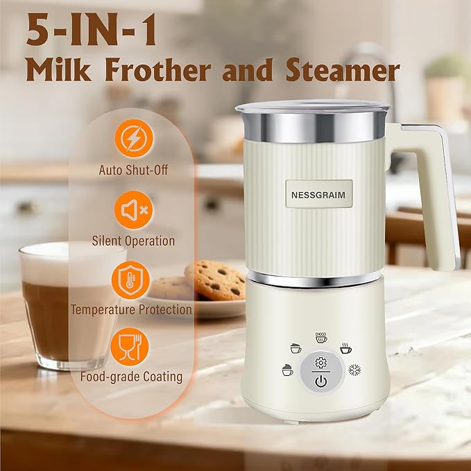 5-in-1 Electric Milk Frother, Automatic Milk Frother & Steamer for Hot & Cold Foam, Large Capacity Milk Warmer for Latte Cappuccino, Hot Chocolate Maker, Dishwasher Safe (Beige)