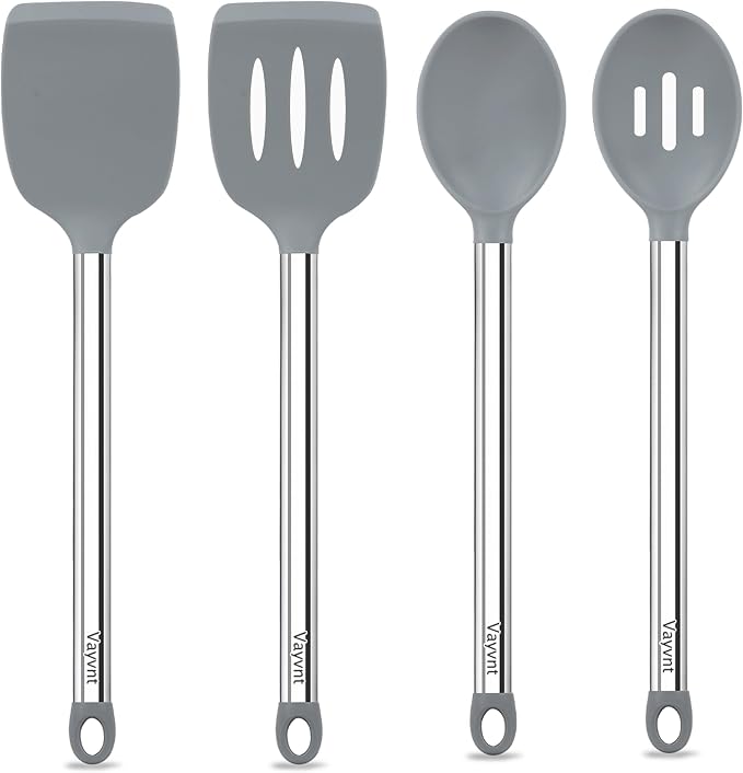 Vayvnt 4PCS Cooking Utensils Set, Food Grade Silicone Kitchen Spatula, Gray | Non Toxic, Up to 480℉ Heat Resistant Silicone, Stainless Steel Handle, Slotted Spoons and Solid Turners, Dishwasher Safe