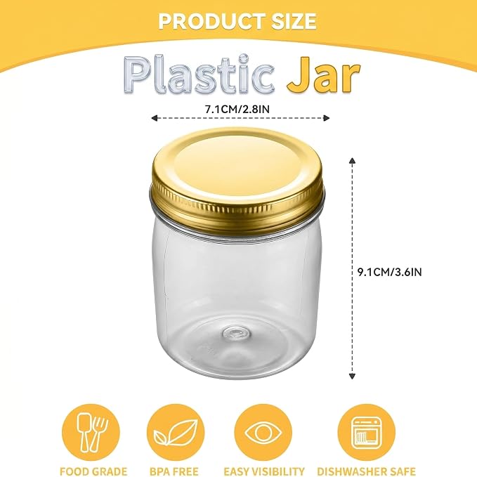 novelinks 8 oz Plastic Mason Jars and Clear Plastic Jars with Lids 8 oz | 16 Pack, Gold, Plastic Containers with Lids, Small Mason Jars, Clear Jars Bulk, Spice Jars, Slime Jars, Mini Jars