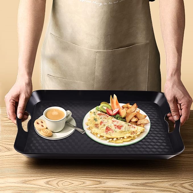 Plastic Tray with Handles, 2 Pack Multi-Purpose Rectangular Non Slip Restaurant Serving Trays Set for Parties, Coffee Table, Kitchen(9.5x14.6 inch) | Non-Slip Surface, Raised Edges, Lightweight Build, Easy Carrying, Restaurant, Coffee Table and Party Use