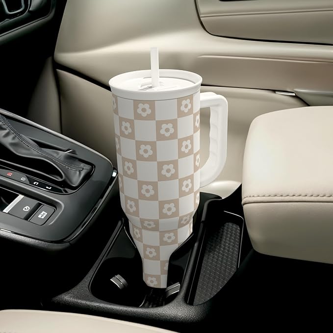 SANDJEST Checker Tumbler with Handle and Straw 40oz – Stainless Sleel Slider Tumbler Travel Coffee Mug for Women - Gift Idea for Birthday Christmas