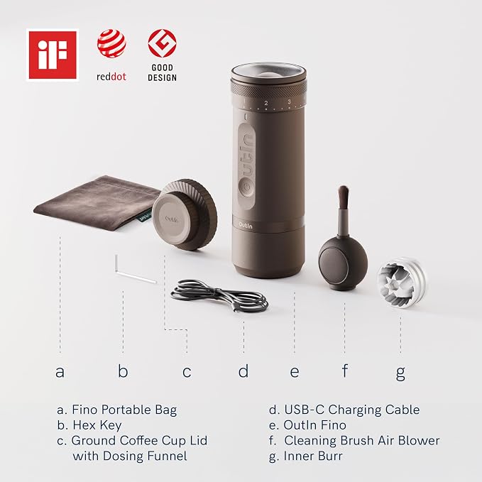OutIn Fino Portable Electric Coffee Grinder with 28 Precise Grind Settings | Adjustable Coffee Bean Grinder, One-Touch Burr Grinding, Fast-Charge Battery, Auto-Stop & Clog Protection, Tundra Brown
