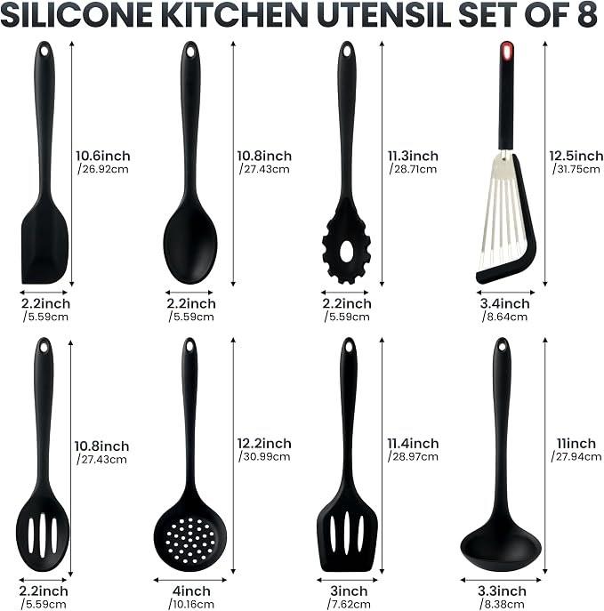 8 PCS Silicone Kitchen Utensils Set, Non Stick Cooking Tools, Black | Spatulas/Turner/Spoons/Soup Ladle/Pasta Server/Skimmer | Heat Resistant | Dishwasher Safe