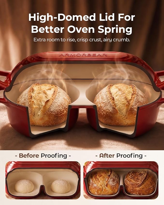 Mini Double Dutch Oven for Sourdough, Enameled Cast Iron Bread Pan, Red | Double Loaf Bread Pan with Lid, Mini Sourdough Dutch Oven for Bread Baking