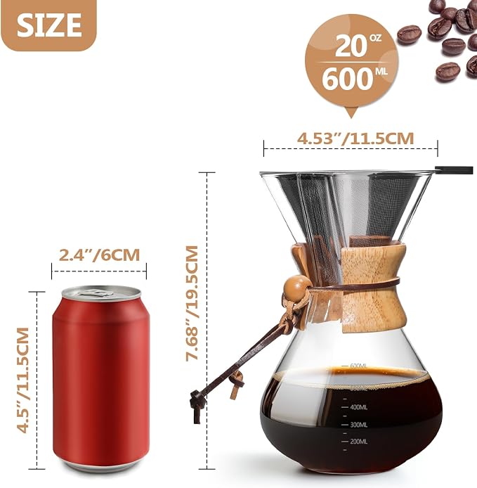 Pour Over Coffee Maker 20 OZ, 6 Cup Borosilicate Glass Drip Coffee Maker with Reusable Stainless Steel Filter and Cork Grip for Home Café 600 ML