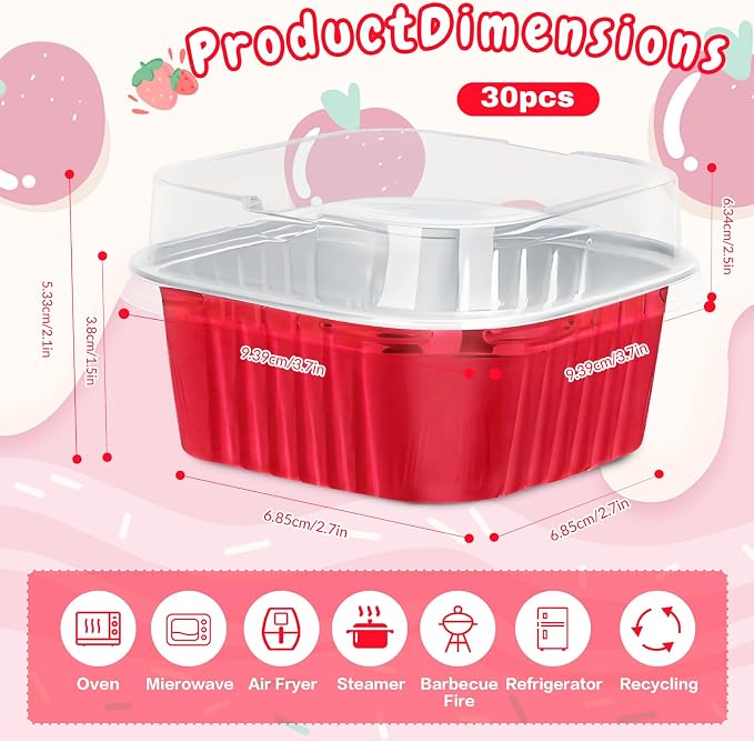 30Pack 5oz Mini Cake Pans with Lids Baking Cups Aluminum Foil Pans Tins, Individual Dessert Cups Containers for Sales,Party,Picnics Red