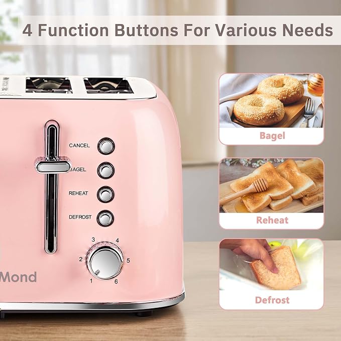 Roter Mond Toaster 4 Slice Retro Stainless Steel with Extra Wide Slots Bagel, Defrost, Reheat Function, Dual Independent Control Panel, Removable Crumb Tray, 6 Browning Levels, Pink