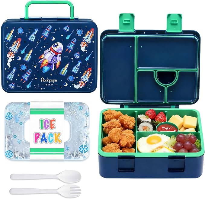 rockpapa Chill Bento Box for Kids- Large 5.5 Cups Lunch Box with Ice Pack - 5 Compartments, BPA-Free, Leak Proof, with Utensils & Portable Handle, Microwave/Dishwasher Safe (Blue Rocket)