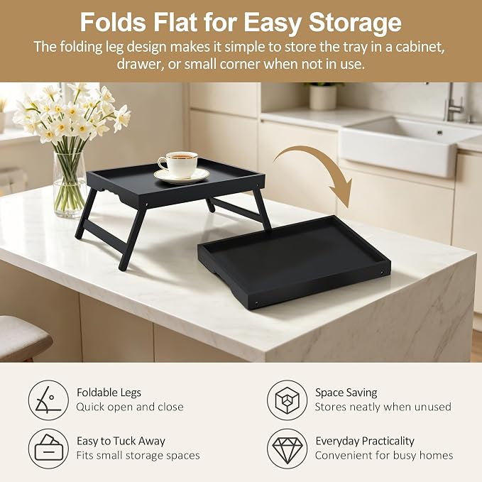 Large Bamboo Bed Tray Tables with Folding Legs, 3 Pack, Black | 3 large black bamboo bed trays with folding legs, raised edges and side grips for meals, laptops, snacks and serving.