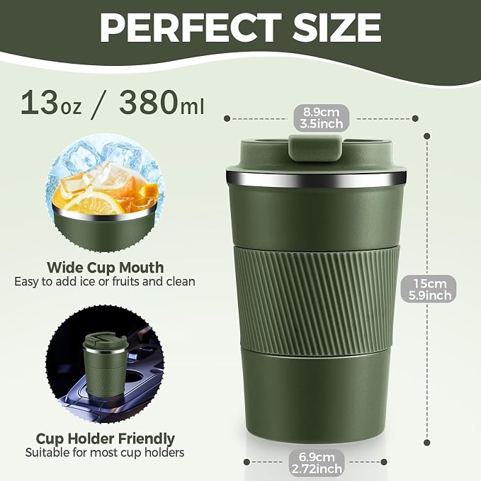 Volhoply 13 oz Stainless Steel Insulated Travel Coffee Mug with Fip Lid Bulk 4 Pack,Reusable Double Wall Vacuum Metal Coffee Cup,Portable Leak Proof Thermal Tumbler for Hot & Cold Drinks(Army Green,4)