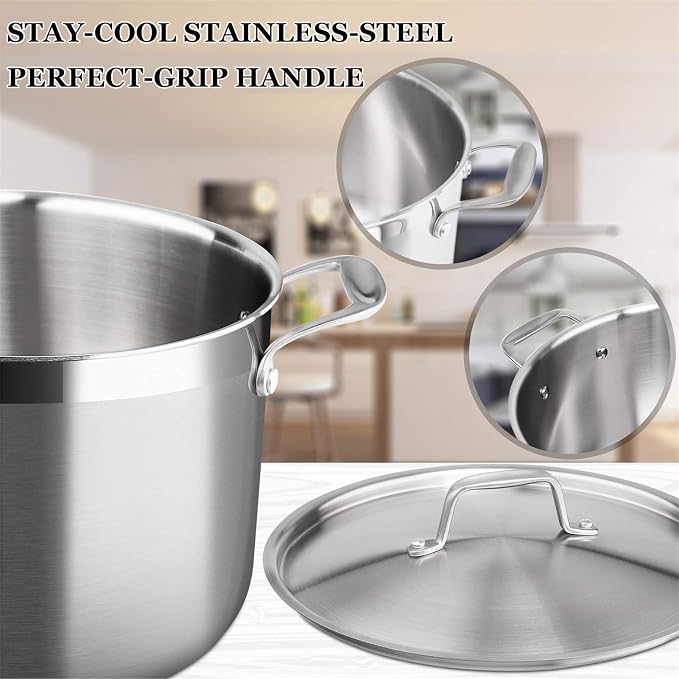 Duxtop Tri-Ply Stainless Steel Stock Pot with Lid 8 Quart | Whole Clad Cooking Pot for Soup and Stews, Large Capacity for Family Meal Preparation