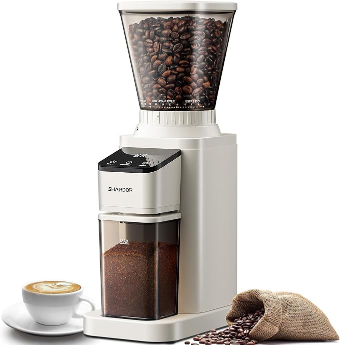 SHARDOR Conical Burr Coffee Bean Grinder, Anti-Static, 48 Settings, White | Electric Grinding for Home Use, LCD Touchscreen, Precision Timer, Detachable Parts, Low Speed, 150W Motor, 9.7 oz Hopper
