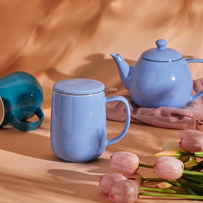 Sweese 20 OZ Porcelain Tea Mug with Infuser and Lid, Dusty Blue Tea Cup