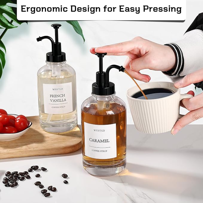 Coffee Bar Accessories,MHDCLY Coffee Syrup Dispenser - 4pack,16.9oz Syrup Dispenser with Labels ，Syrup Pump Dispenser for Coffee Bar(Black Pump)