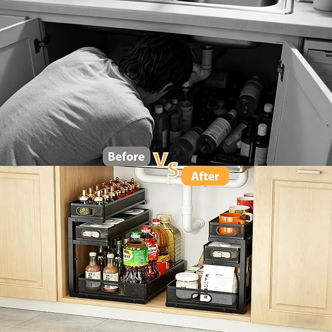 2 Pack Bathroom Under Sink Organizer, 3-Tier Pull Out Kitchen Cabinet Organizer with 5 Adjustable Heights Metal Slide Out Storage Makeup Drawer Rack for Bedroom Office Pantry Home Organization, Black
