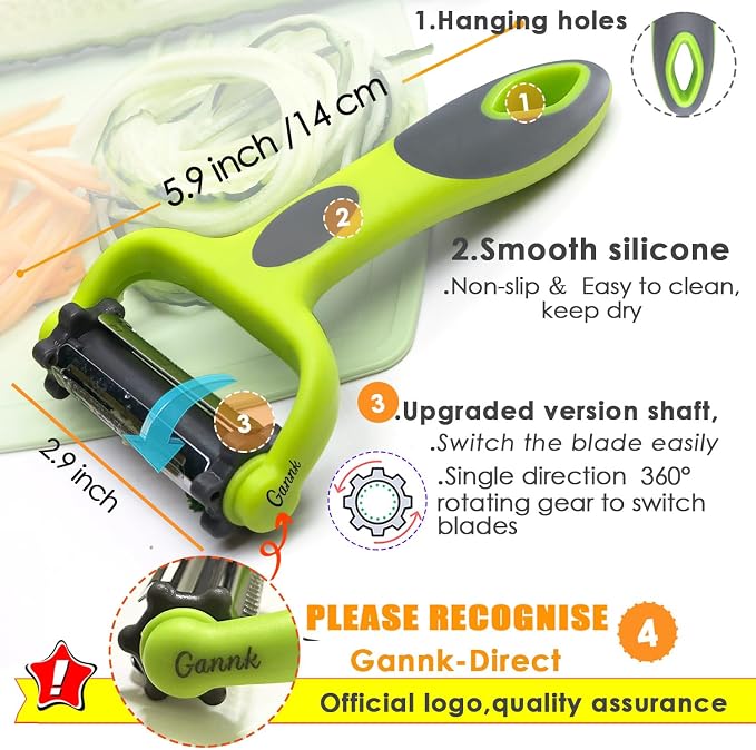 GANNK Potato Apple Vegetable Peelers for Kitchen, I and Y Peelers for Fruit Veggie Potatoes Carrot Cucumber, 3 in 1 Blade Spin Design With Julienne Multifunctional