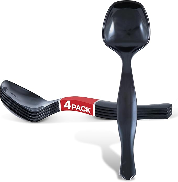 4 Count Disposable Black Plastic Serving Utensils for Catering Weddings, Holiday Parties and More, Large Plastic Spoons for Buffet, Stock Your Home