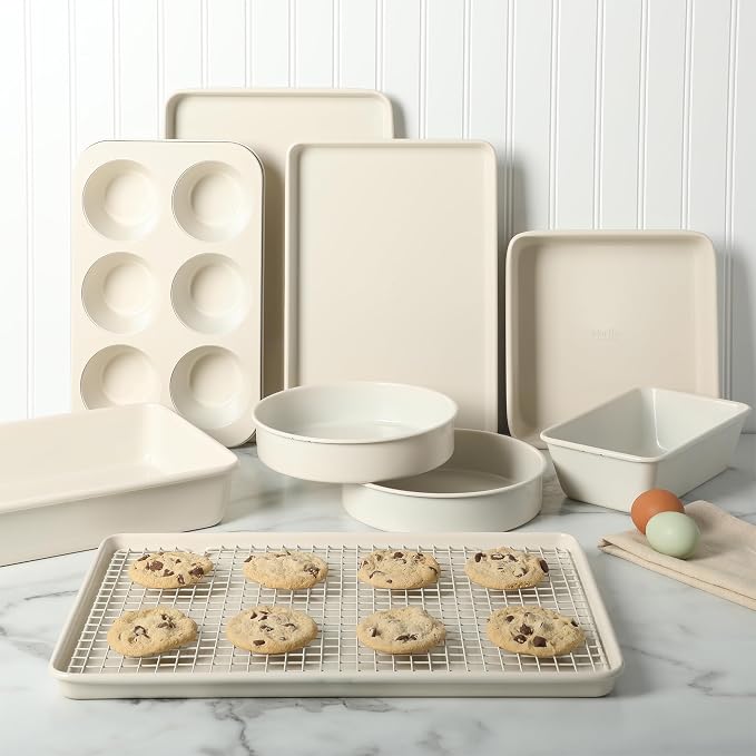 Martha Stewart Gallen 10 Piece Baking Pans Ceramic PFA Free Non Toxic Non Stick Bakeware Set - Linen White