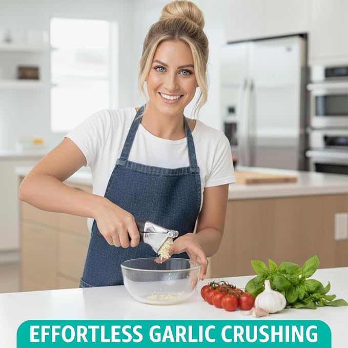 Garlic Press Set – Heavy Duty Garlic Crusher & Mincer | No Peel Required | Easy Squeeze & Clean | Ergonomic Handle | Ginger Press – Silicone Peeler & Cleaning Brush | Large Chamber Kitchen Tool
