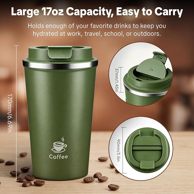 17oz Travel Coffee Mug ,Leakproof Vacuum Coffee Cup Insulated Tumbler | 304 Stainless Steel, Double-Wall Vacuum Insulated, Leakproof, Fits Hot & Cold Drinks Car Cup Holders, Travel, Office