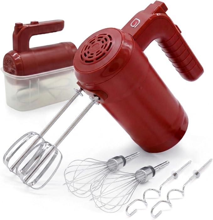 WILLOW Eco Series Electric Hand Mixer, 5 Speed Ultra Power Handheld Mixer with Stainless Steel Whisks, Beaters & Dough Hooks + Eject Button, 350W Kitchen Mixer with Snap-On Storage Case - BURGUNDY