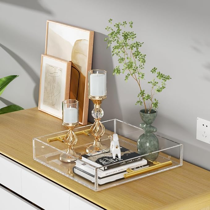 NIUBEE Acrylic Tray 12x12 Inches - Clear Serving Tray Organizer with Handle | Spill-Proof tray for Coffee Table, Ottoman | Decorative Tray for Breakfast in Bed, Drink Serving & Home Organization