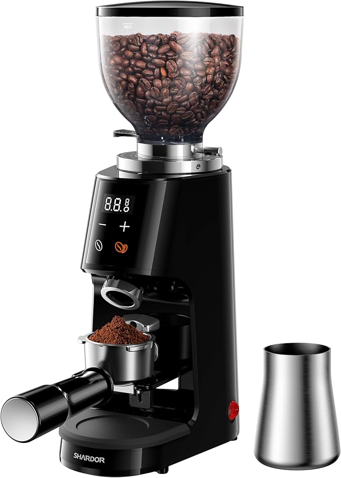 SHARDOR 64mm Flat Burr Coffee Grinder, 100 Settings, Anti-Static, Black | Electric Bean Grinding, All-Metal Chamber, Portafilter Holder,Precision Timer, LED Display, 260W, Silicone Bellows, 120V Only