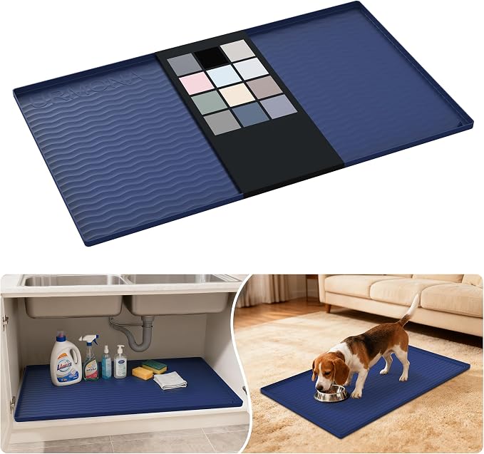 URMONA Waterproof Silicone Under Sink Mat 37'' x 22'' Shelf Liner for Kitchen and Bathroom, Cabinet and Counter Protector, Storage and Organizers, Litter Mat, Pet Cat Puppy Essentials(Navy)
