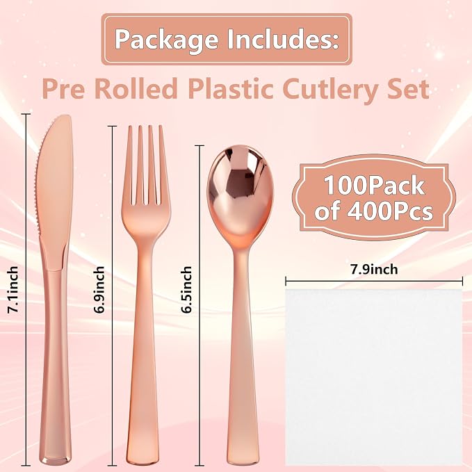 400PCS Pre Rolled Rose Gold Plastic Silverware Heavy Duty for Party | Individually Wrapped Utensils, 100 Guests, Durable and Sturdy, BPA free, Includes Matching Napkins, for Glamorous Weddings