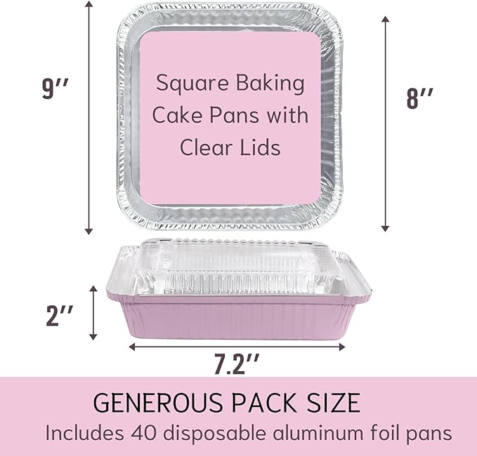 (40 Pack) 8x8 Square Aluminum Baking Cake Pans with Clear Lids - Pink Foil Pans with Lids - Disposable Food Containers Great for Cooking, Heating, Storing, Prepping Food