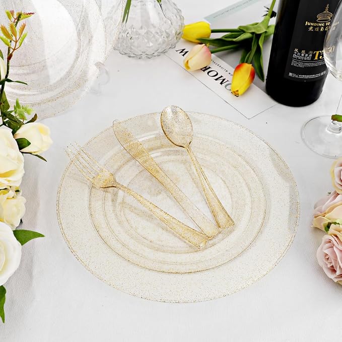 DaYammi 350Pcs Gold Glitter Dinnerware Set 50 Guest for Party Gold Plates Disposable - 50 Dinner Plate,50 Dessert Plate,50 Per Rolled Napkins with Gold Cutlery,50 Plastic Cups 9 OZ for Party Wedding