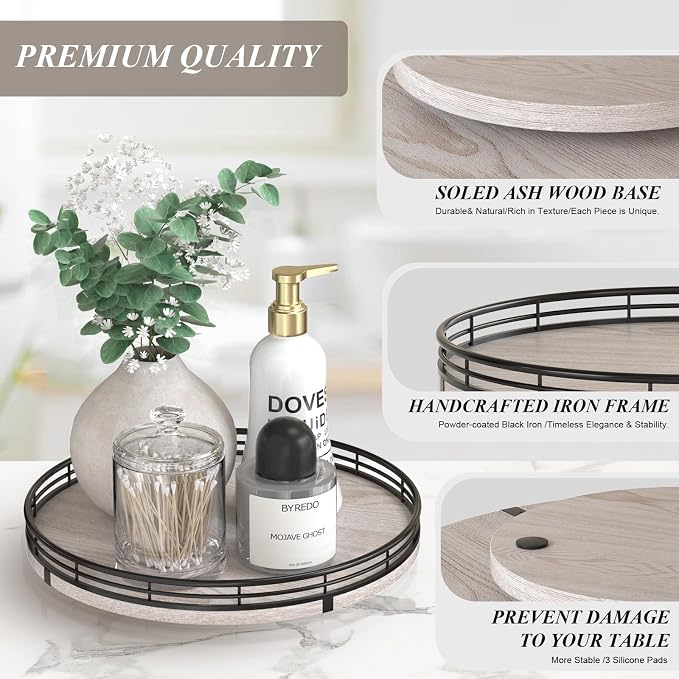 AMH 10-Inch Rustic Whitewashed Oak Lazy Susan Vanity Tray | Smooth rotating oak tray with walnut finish for dining tables, kitchen counters, pantries and cabinet storage.