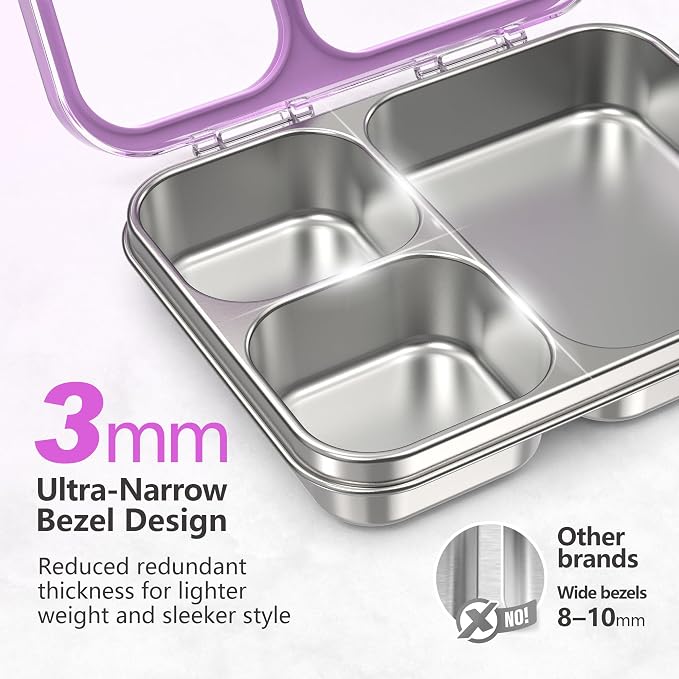 LOHASOK Stainless Steel Bento Lunch Box, 34oz/1000ml,Purple | 3-Compartment, Leak Proof, Lightweight, Clear Plastic Lid, for Kids Adults, BPA/BPS Free, Dishwasher Safe
