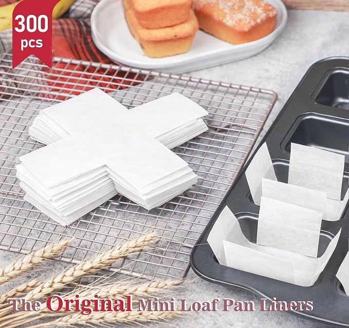 Webake 300pcs Unbleached Parchment Paper Mini Loaf Pan Liners Compatible with Wilton Mini Loaf Pan, Original Precut, Non Toxic Baking Papers for Banana Breads