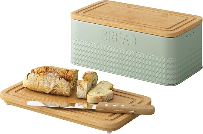 kiplant Bread Box for Kitchen Countertop, Large Bread Storage Container with Bamboo Lid, Iron Farmhouse Bread Box for Your House, Green