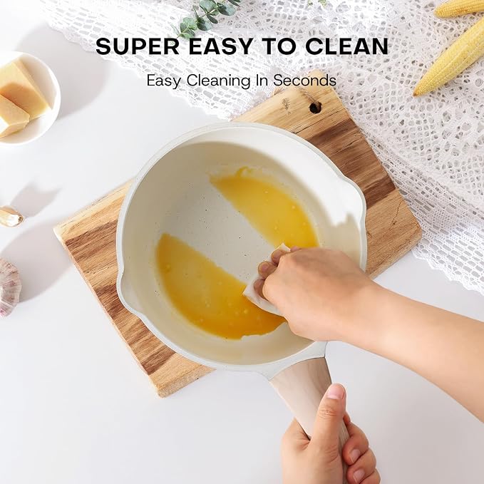 Kordisen Sauce Pan Set with Lid, 1.5Qt & 2.5 Qt Nonstick Cooking Pots with Pour Spout, Easy to Clean, Small Kitchen Induction Saucepan with Ceramic Coating, PFOA/PFOS Free (Cream)