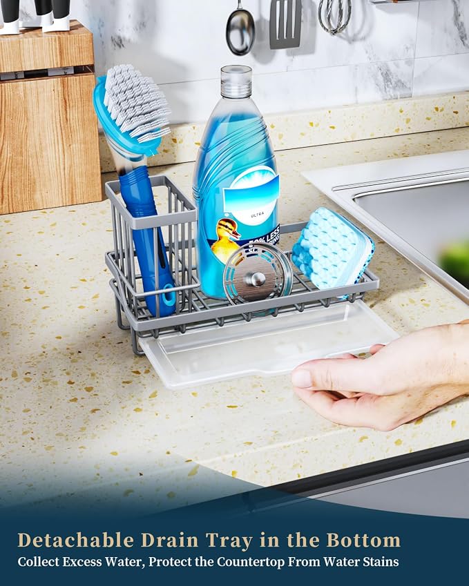 Consumest Sponge Holder for Kitchen Sink - Kitchen Sink Caddy Organizer with Removable Drip Tray for Countertop Dish Soap Dispenser Brush Storage Accessories 304 Stainless Steel, Grey