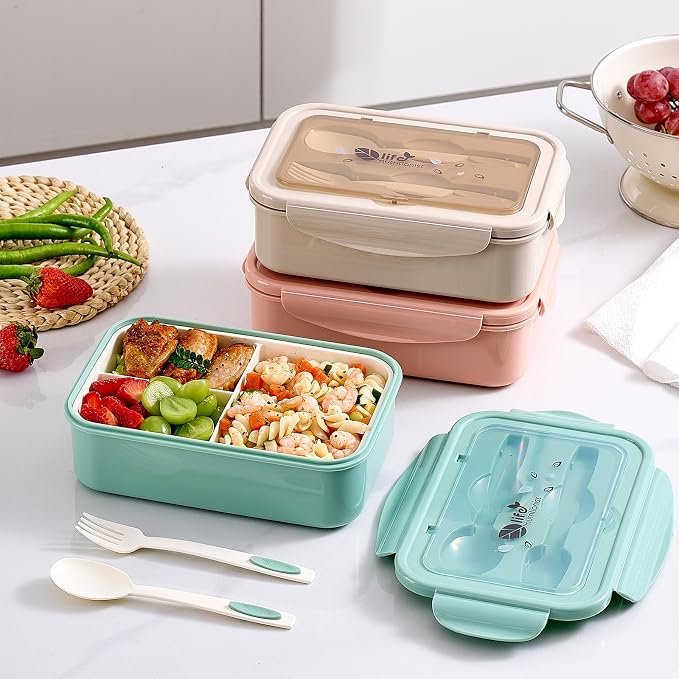 Mfacoy® 3 Pack Bento Boxes for Adults/Kids, 1100 ML Bento Lunch Box With Spoon & Fork, Lunch Box Containers, Bento Box for Dining Out, Work, Picnic, BPA-Free, Microwave & Dishwasher Safe