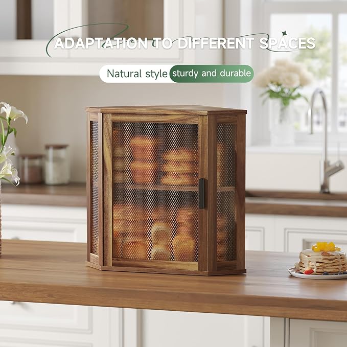 STDDRE Corner Bread Box for Kitchen Countertop 2-Tier Acacia Wood Kitchen Countertop Bread Storage Large Capacity Farmhouse Bread Box with Window Bread Holder Corner Food Organizer (Extra Large)